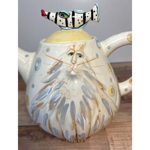 Blue Sky Lynda Corneille Handcrafted Ceramic Cat Teapot With Whimsical Fish Lid - Picture 2 of 7